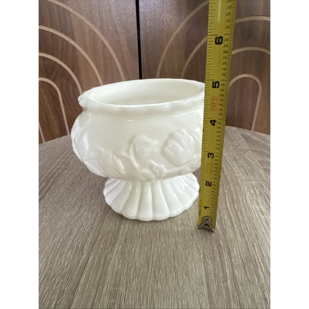 Vintage Milk Glass Ivy Rose Floral Pedestal Bowl Planter Vase 4.5